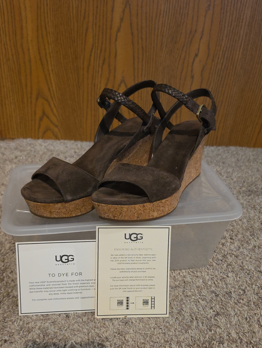 UGG Dark Brown Suede Cork Wedge Sandals with Ankle Straps